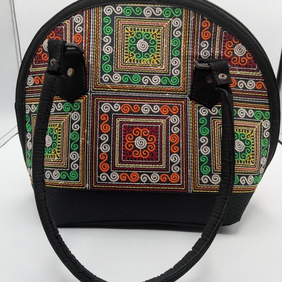 Embroidered Bohemian Handbag Black with Green Red Gold, Zipper, Double Handles - Picture 3 of 9
